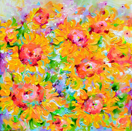 Yellow Sunflower Field 5 di Roxana Soos, Pittura in vendita su Singulart