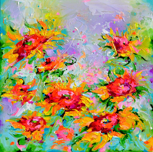 Yellow Sunflower Field 6 di Roxana Soos, Pittura in vendita su Singulart