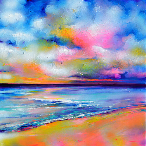 New Horizon 175 - Large Seascape, Colorful Sunset van Roxana Soos, Schilderij te koop op Singulart