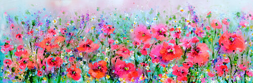 Poppy Field - Cottage Red Poppies, White Chamomile and Wild Delphinium Flowers di Roxana Soos, Pittura in vendita su Singulart