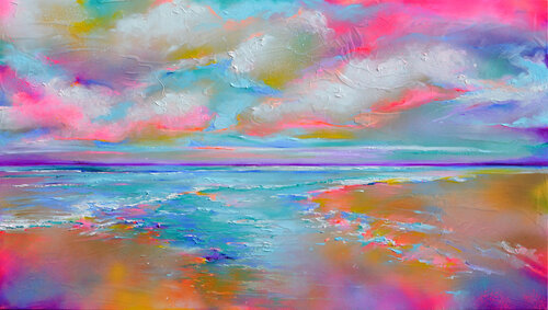 New Horizon 176 - Large Seascape, Colorful Sunset van Roxana Soos, Schilderij te koop op Singulart