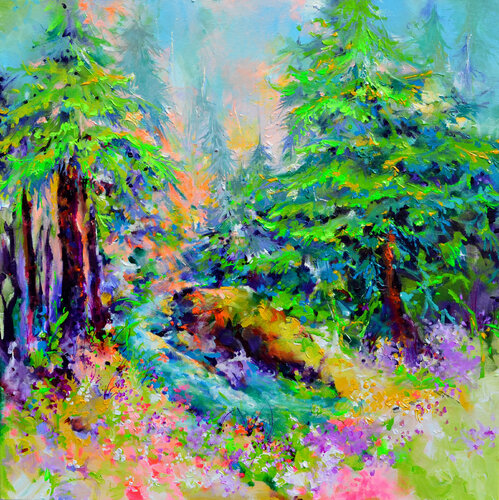 Stream in the Fir Forest van Roxana Soos, Schilderij te koop op Singulart