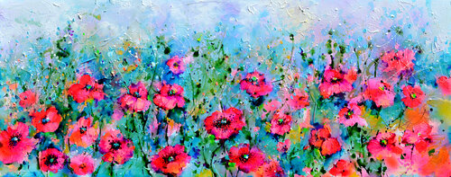 Wild Red Poppy, Poppies Field by Roxana Soos, Painting for Sale on Singulart