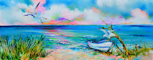 Boat and Seagulls on Seashore von Roxana Soos, Malerei kaufen auf Singulart