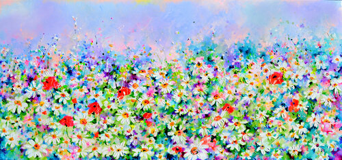 White Daisy &amp; Red Poppy Field van Roxana Soos, Schilderij te koop op Singulart