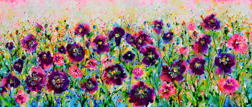 Opium Poppy Field, Purple Poppies van Roxana Soos, Schilderij te koop op Singulart