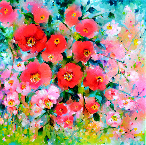 I've Dreamed 59 Pink and Red Camellias Field van Roxana Soos, Schilderij te koop op Singulart