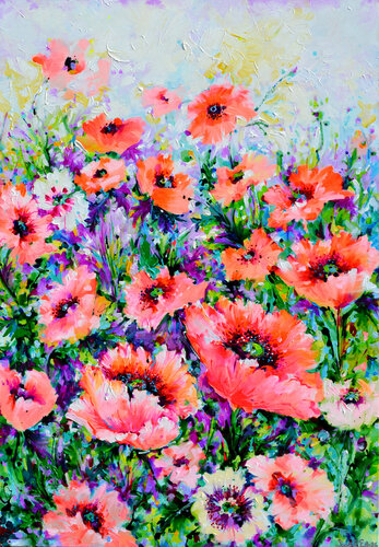 Oriental Poppies Flower - Concert in Pink and Orange van Roxana Soos, Schilderij te koop op Singulart