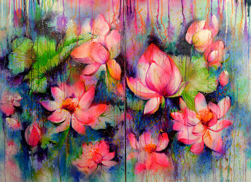 Abstract Lotus Flowers Bloom in the Rain van Roxana Soos, Schilderij te koop op Singulart