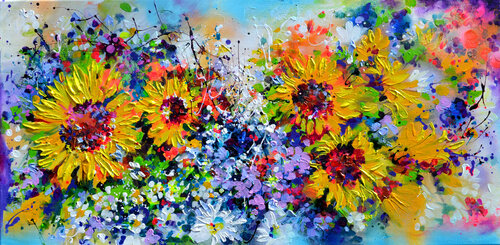 I've Dreamed 3 - Sunflowers and Cottage Flowers van Roxana Soos, Schilderij te koop op Singulart