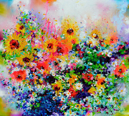 I've Dreamed 6 - Poppies, Sunflowers and Cottage Flowers van Roxana Soos, Schilderij te koop op Singulart