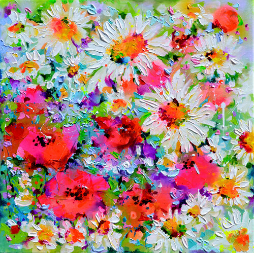 Poppies and Cottage Flowers Field van Roxana Soos, Schilderij te koop op Singulart