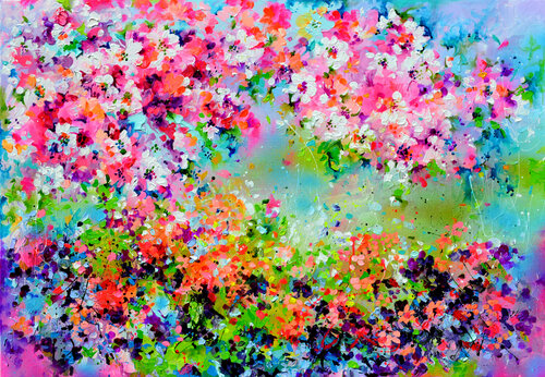 I've Dreamed 8 - Wild Flowers Field and Sakura Blossom van Roxana Soos, Schilderij te koop op Singulart