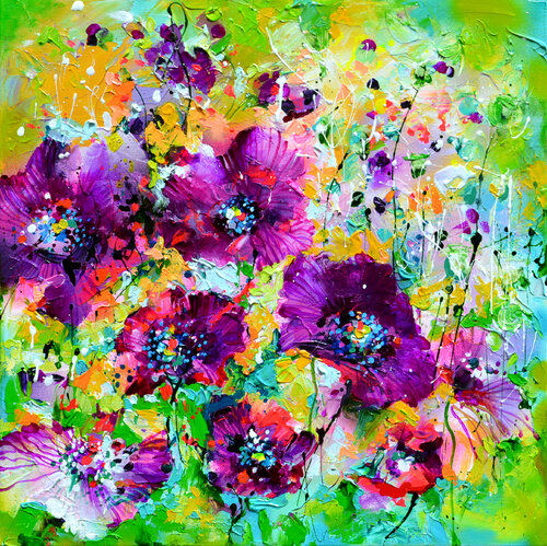 Purple Poppies Field van Roxana Soos, Schilderij te koop op Singulart