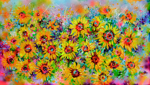 I've Dreamed 15 - Sunflowers and Cottage Flowers, REZERVED van Roxana Soos, Schilderij te koop op Singulart