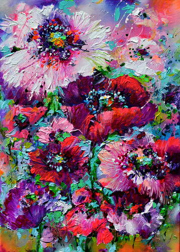 Purple Opium Poppies Field van Roxana Soos, Schilderij te koop op Singulart