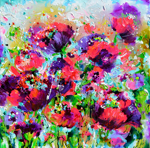 Purple Poppies Field van Roxana Soos, Schilderij te koop op Singulart