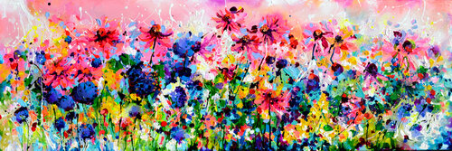 I've Dreamed  18 - Pink Flowers, Blue Poppies and Cottage Flowers van Roxana Soos, Schilderij te koop op Singulart
