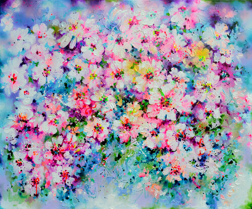 Pink Cherry Tree Flowers - Sakura Colorful Blossom van Roxana Soos, Schilderij te koop op Singulart