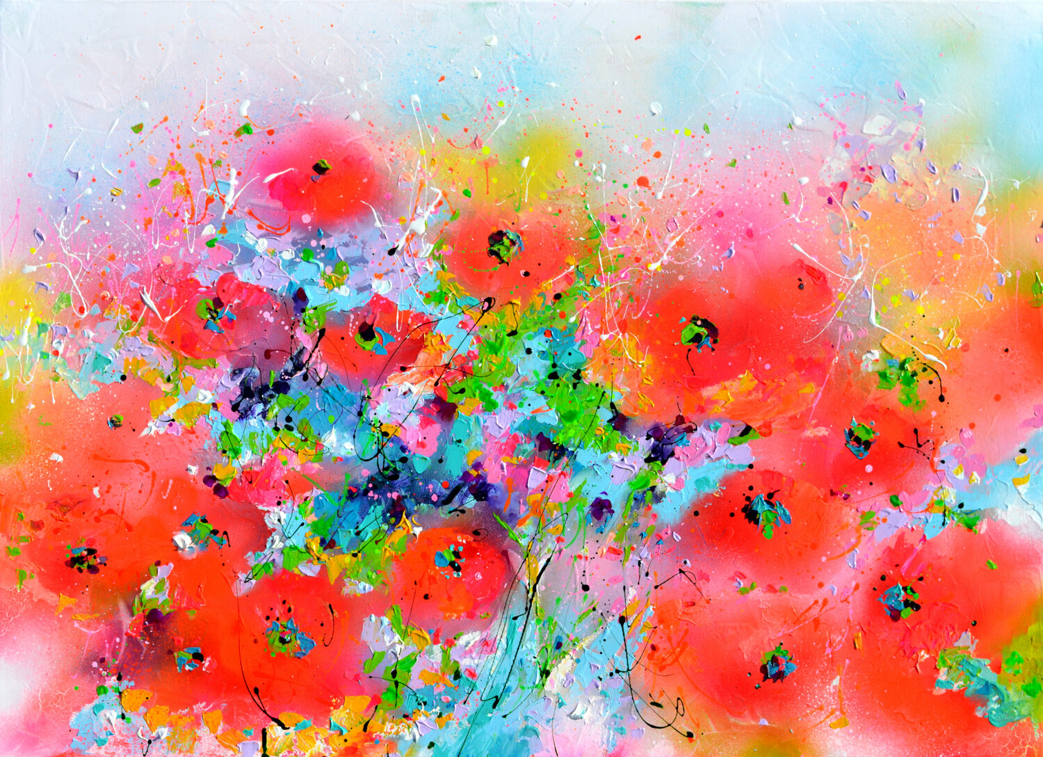 Poppies Field - Red and Orange Poppy Painting Roxana Soos Originalgemälde zu verkaufen