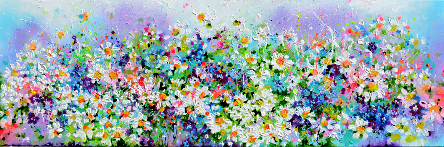 I've Dreamed 27 - Daisies and Blue Forget me Not Flowers Roxana Soos Originalgemälde zu verkaufen