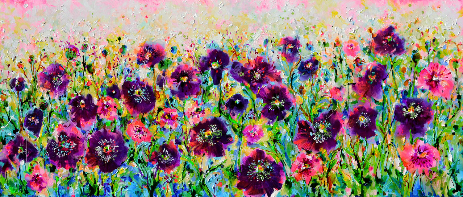 Opium Poppy Field, Purple Poppies Roxana Soos Originalgemälde zu verkaufen