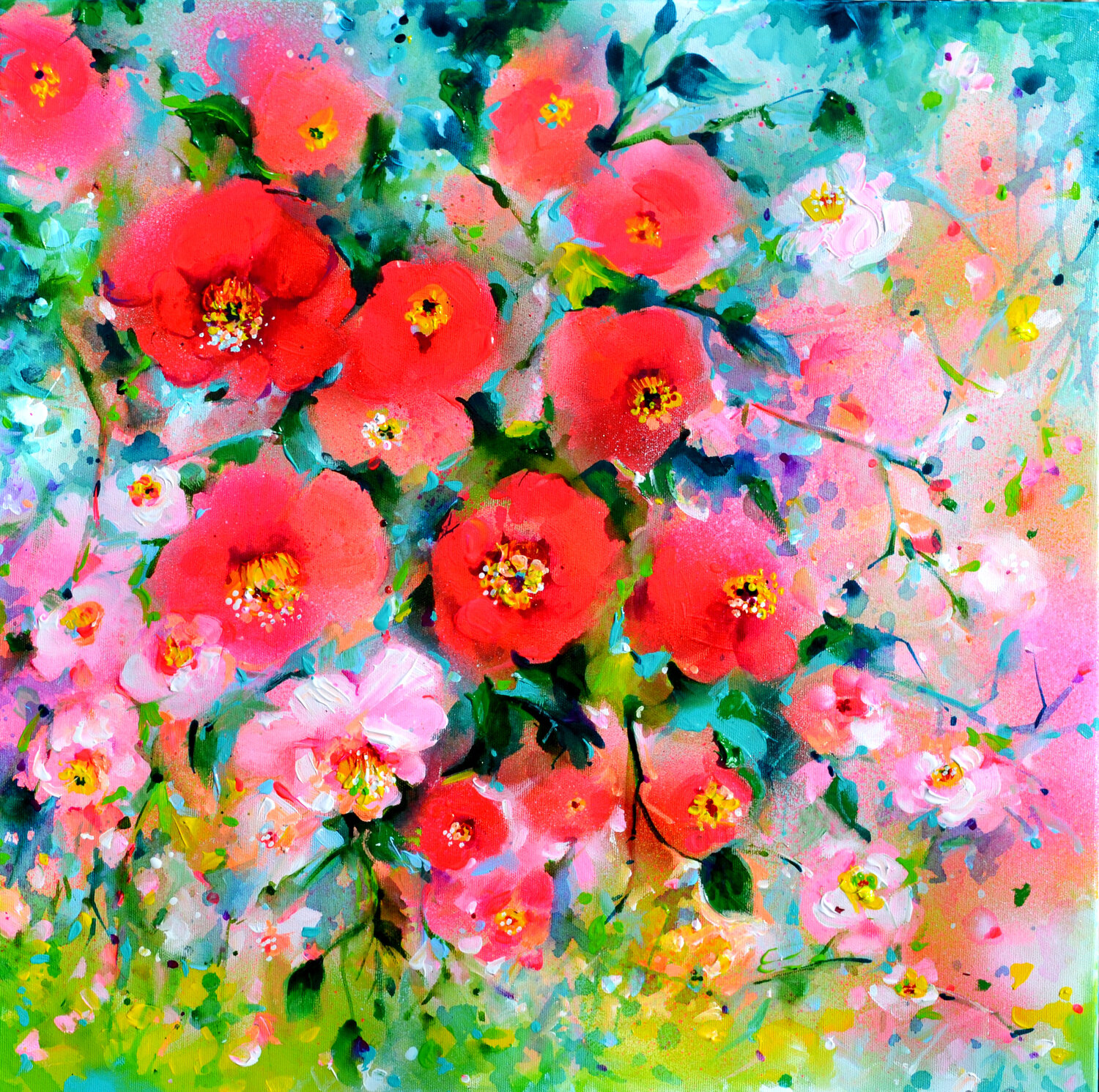 I've Dreamed 59 Pink and Red Camellias Field Roxana Soos Originalgemälde zu verkaufen