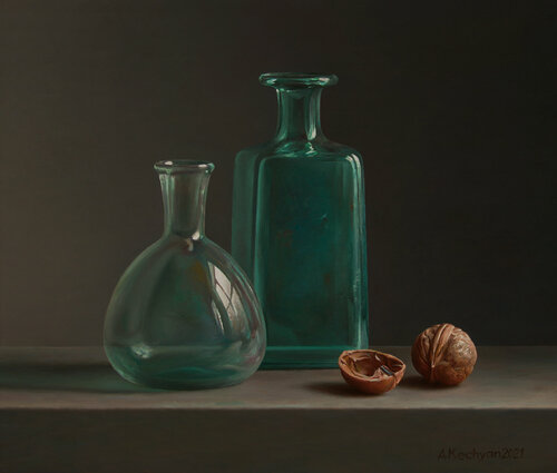 Still life with roman glass di Albert Kechyan, Pittura in vendita su Singulart