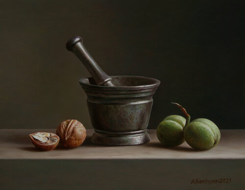 Still life with a bronze mortar van Albert Kechyan, Schilderij te koop op Singulart