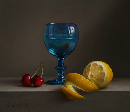 Lemon with a glass di Albert Kechyan, Pittura in vendita su Singulart
