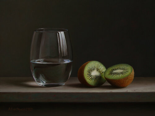 Kiwi with a glass di Albert Kechyan, Pittura in vendita su Singulart