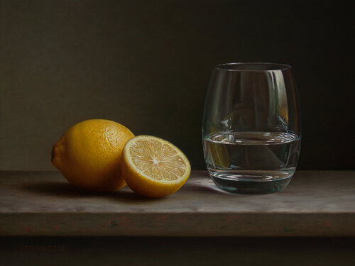 Lemons with a glass di Albert Kechyan, Pittura in vendita su Singulart