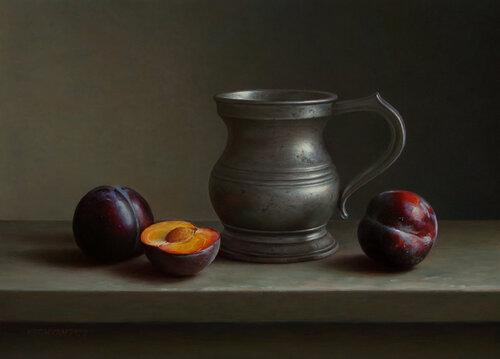 Antique pewter tankard with plums di Albert Kechyan, Pittura in vendita su Singulart