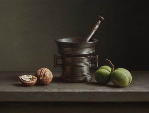 Walnuts with a bronze mortar di Albert Kechyan, Pittura in vendita su Singulart