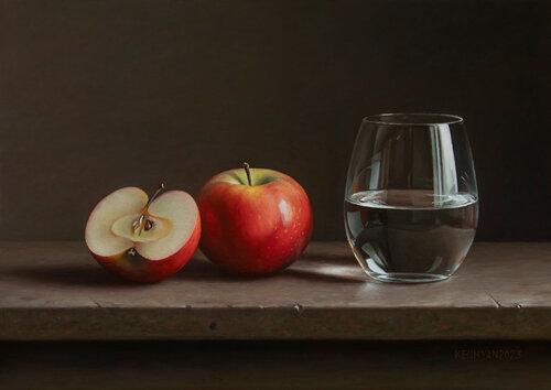 Apples with a glass di Albert Kechyan, Pittura in vendita su Singulart