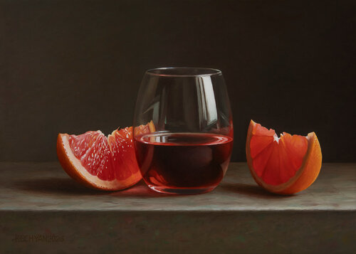 Grapefruit with a glass van Albert Kechyan, Schilderij te koop op Singulart