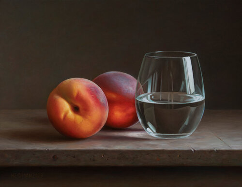 Peaches with a glass di Albert Kechyan, Pittura in vendita su Singulart