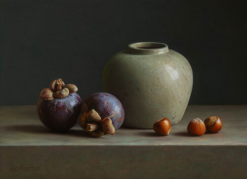 Mangosteens with a vase di Albert Kechyan, Pittura in vendita su Singulart