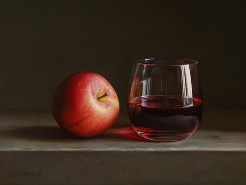Apple with a glass van Albert Kechyan, Schilderij te koop op Singulart