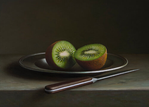 Kiwifruit with a knife di Albert Kechyan, Pittura in vendita su Singulart