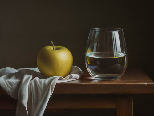 Apple with a glass di Albert Kechyan, Pittura in vendita su Singulart