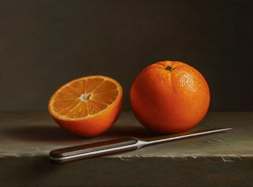 Oranges with a knife van Albert Kechyan, Schilderij te koop op Singulart