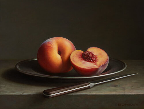 Peaches with a knife van Albert Kechyan, Schilderij te koop op Singulart