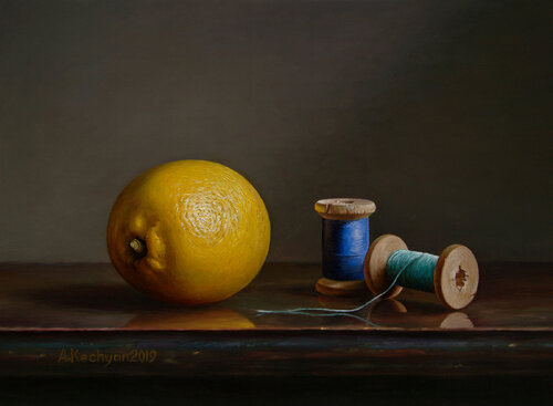 Lemon with cotton bobbins van Albert Kechyan, Schilderij te koop op Singulart