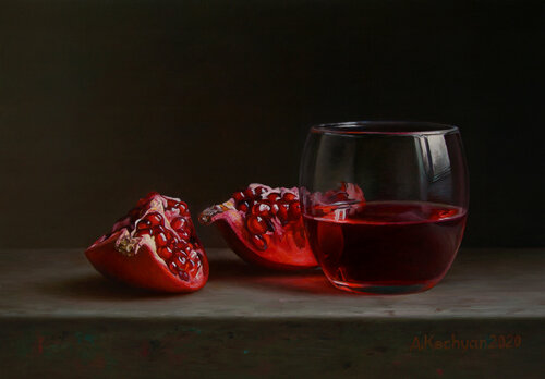 Pomegranate with a glass van Albert Kechyan, Schilderij te koop op Singulart