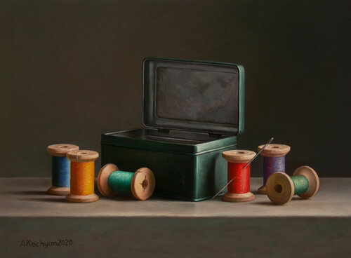 Still life with cotton bobbins van Albert Kechyan, Schilderij te koop op Singulart
