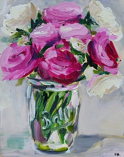 Pfingstrosen im Glas van Sabine Huening, Schilderij te koop op Singulart