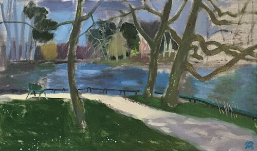 Paysage avec les arbres et le lac di Maria Magenta, Pittura in vendita su Singulart