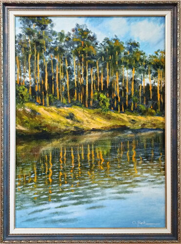 Pine trees by the river 2 di Oleh Rak, Pittura in vendita su Singulart