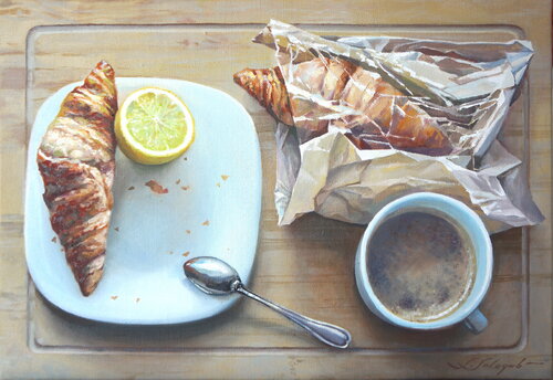 Still life with croissants by Sergej Sologub, Painting for Sale on Singulart